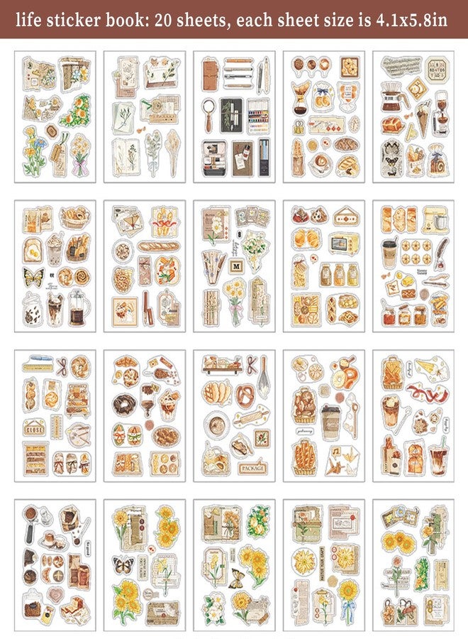 japleed 20 Sheet Life Stickers 180PCS Cartoon Bread Flower Coffee Decorative Decals Vintage Aesthetic Sticker Book for Journaling Retro Scrapbooking Supplies Cute Junk Journal Craft Decor (Life) - Image 2